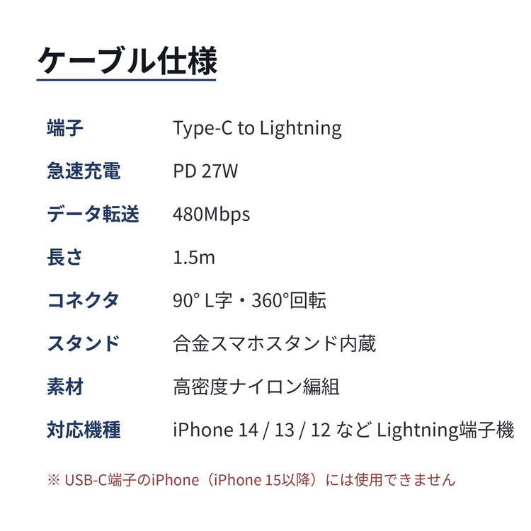 ケーブル仕様:Type-C to Lightning PD27W 1.5m