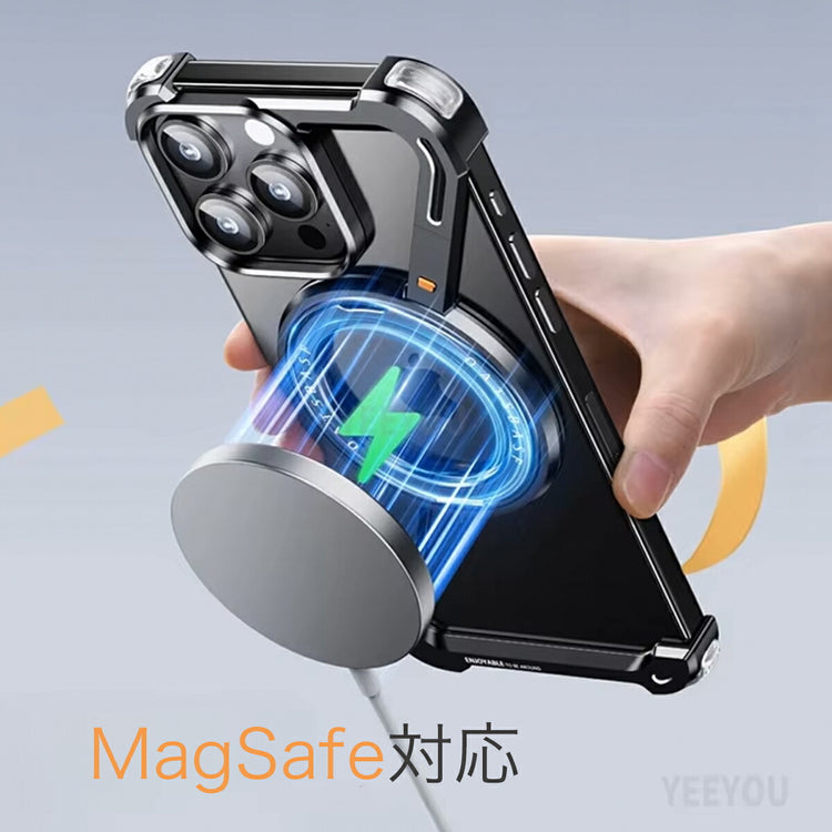 フレームレス バッテリー アルミ合金 衝撃吸収 劣化軽減 ひんやり 仕様設計 品質設計 耐久設計 保護設計 適合設計 実用設計 ケース アルミ 重厚感 カチッ 耐衝撃 構造 質感 冷却 密着 重厚 360度回転リング iphoneカバー