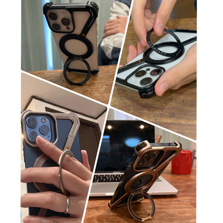 フレームレス アルミ合金 バンパー 磁力装着 スタンド ひんやり 仕様設計 品質設計 耐久設計 保護設計 適合設計 実用設計 ケース アルミ サイズ 重厚感 カチッ 耐衝撃 質感 回転 旅行 重厚 360度回転リング 各種iPhone iPhone