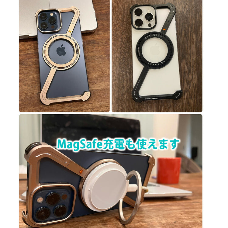 アルミバンパー ピタッと磁力 フレームレス アルミ合金 磁石吸着 冷却効果 ひんやり 仕様設計 品質設計 耐久設計 保護設計 適合設計 実用設計 ケース 安定感 重厚感 放熱性 カチッ 耐衝撃 軽さ 追求 極薄 質感 重厚 360度回転リング