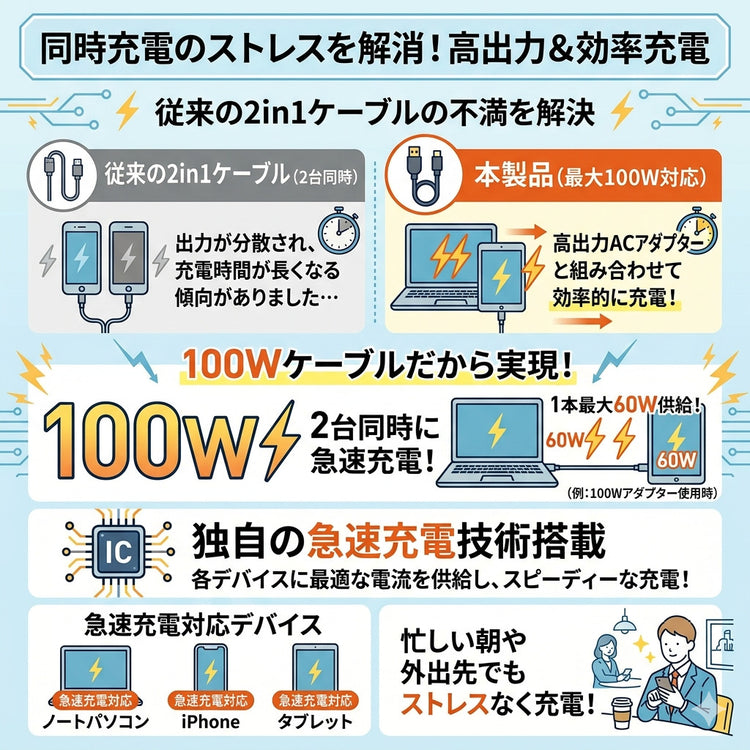 iPhone さらさら アンチグレアフィルム 指紋つかない 100W 2in1 マルチ充電ケーブル セット iPhone 17 16 15 14 13 12 マット 反射防止 指紋防止 同時充電 ゲーミング