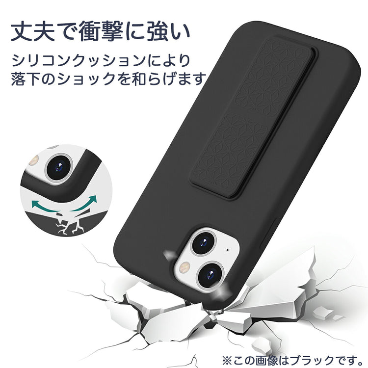 iPhone シリコンスタンドケース｜13/Pro/Pro Max 柔軟素材 の全体像（別アングル）。