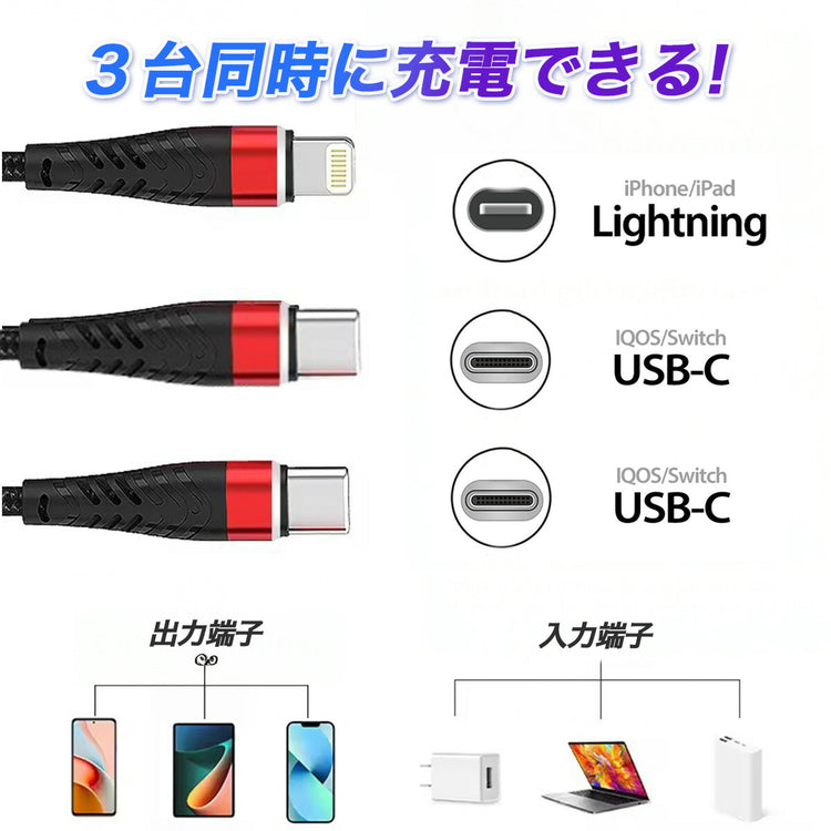 3in1 充電ケーブル 1m｜iPhone/USB-C/Micro USB 急速 の全体像。両端USB Type-Cの充電ケーブル（別アングル）。