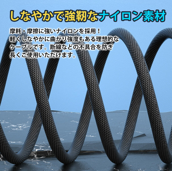高耐久素材のUSB-C 240W急速充電ケーブル。PD 240W(最大5A)とUSB2.0データ転送に対応し、1m/2mを用意（別アングル）。