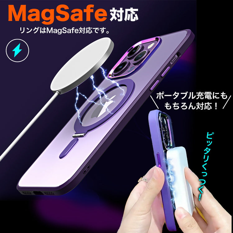 iPhone 14 Pro Max MagSafe対応クリアケース｜リング スタ の全体像（別アングル）。